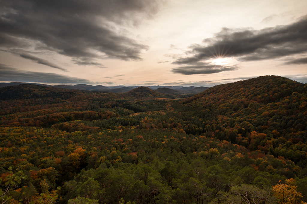 Panorama des Pfälzer Waldes bei Sonnenuntergang mit Sonnenstern zwischen den Wolken im Herbst